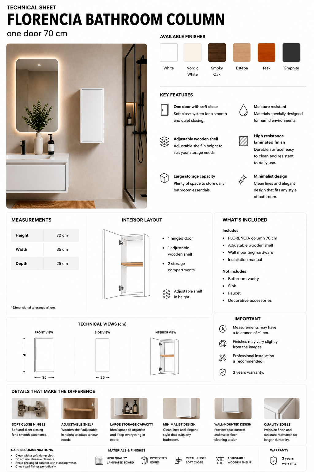 Badezimmerschrank FLORENCIA mit einer Tür 70 cm