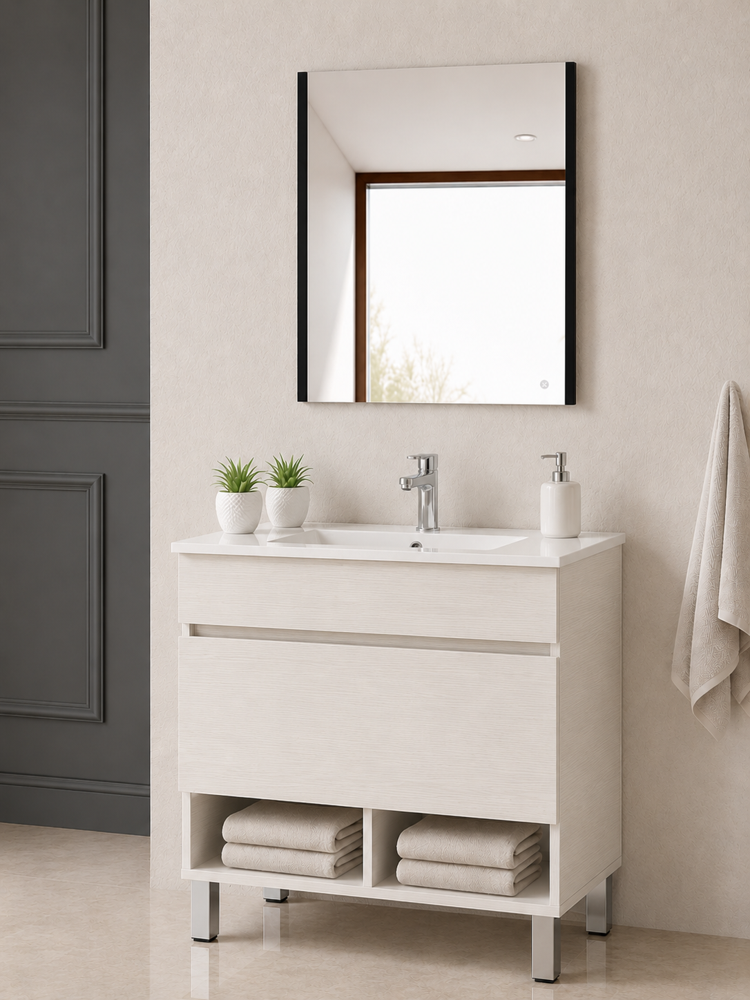 Badezimmermöbel mit Beinen NEBARI mit Schublade und extraflachem Waschbecken