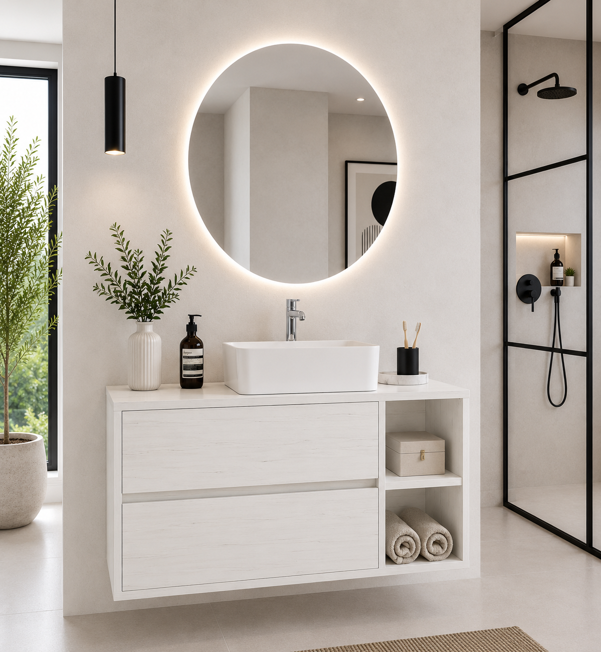 Badezimmermöbel ZEUS mit Holzarbeitsplatte und Aufsatzwaschbecken