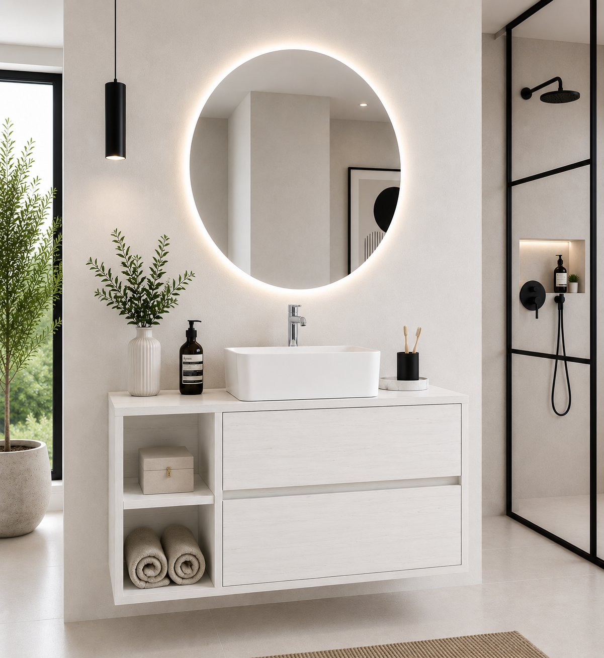 Badezimmermöbel ZEUS mit Holzarbeitsplatte und Aufsatzwaschbecken