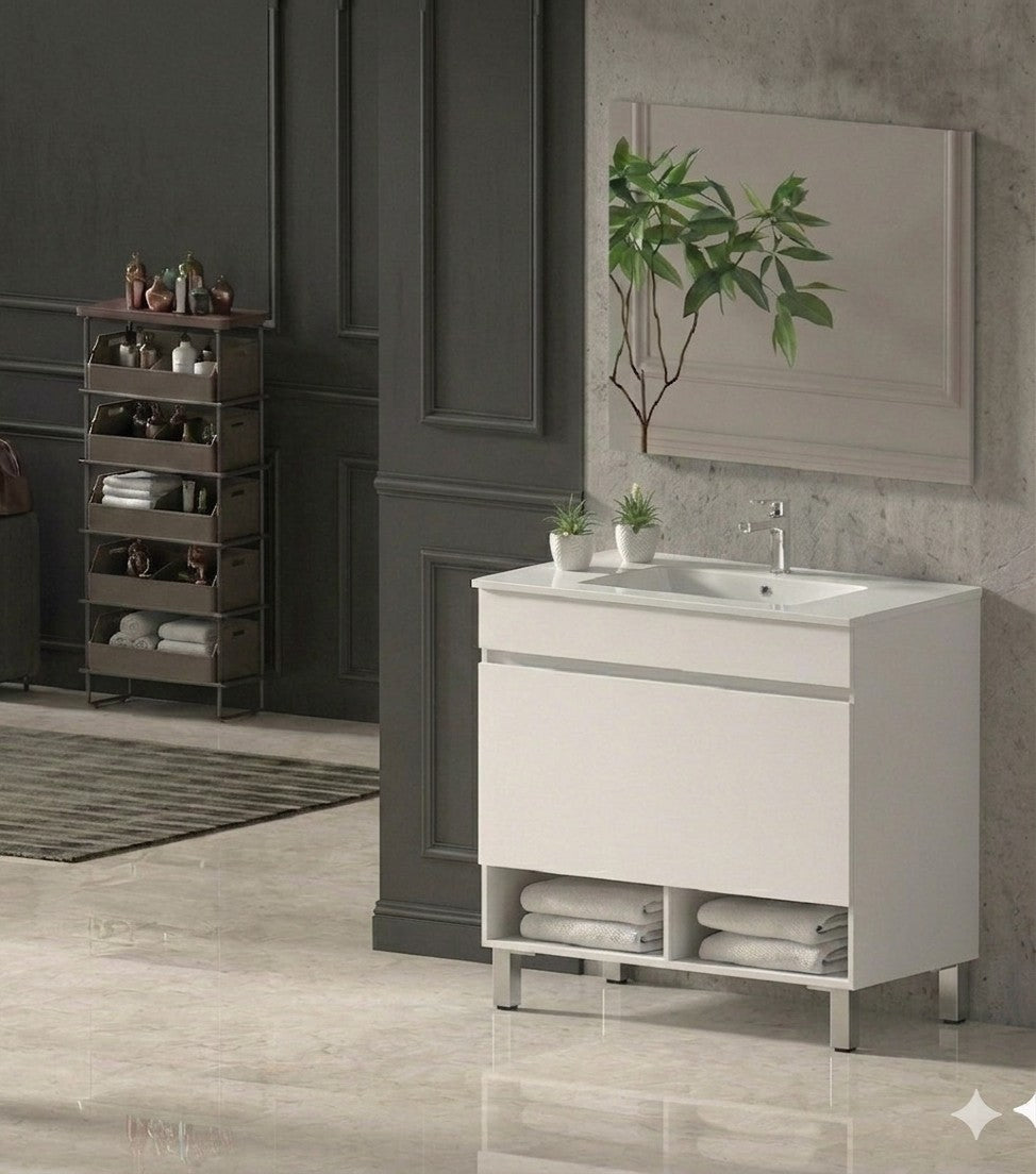 Badezimmermöbel mit Beinen NEBARI mit Schublade und extraflachem Waschbecken