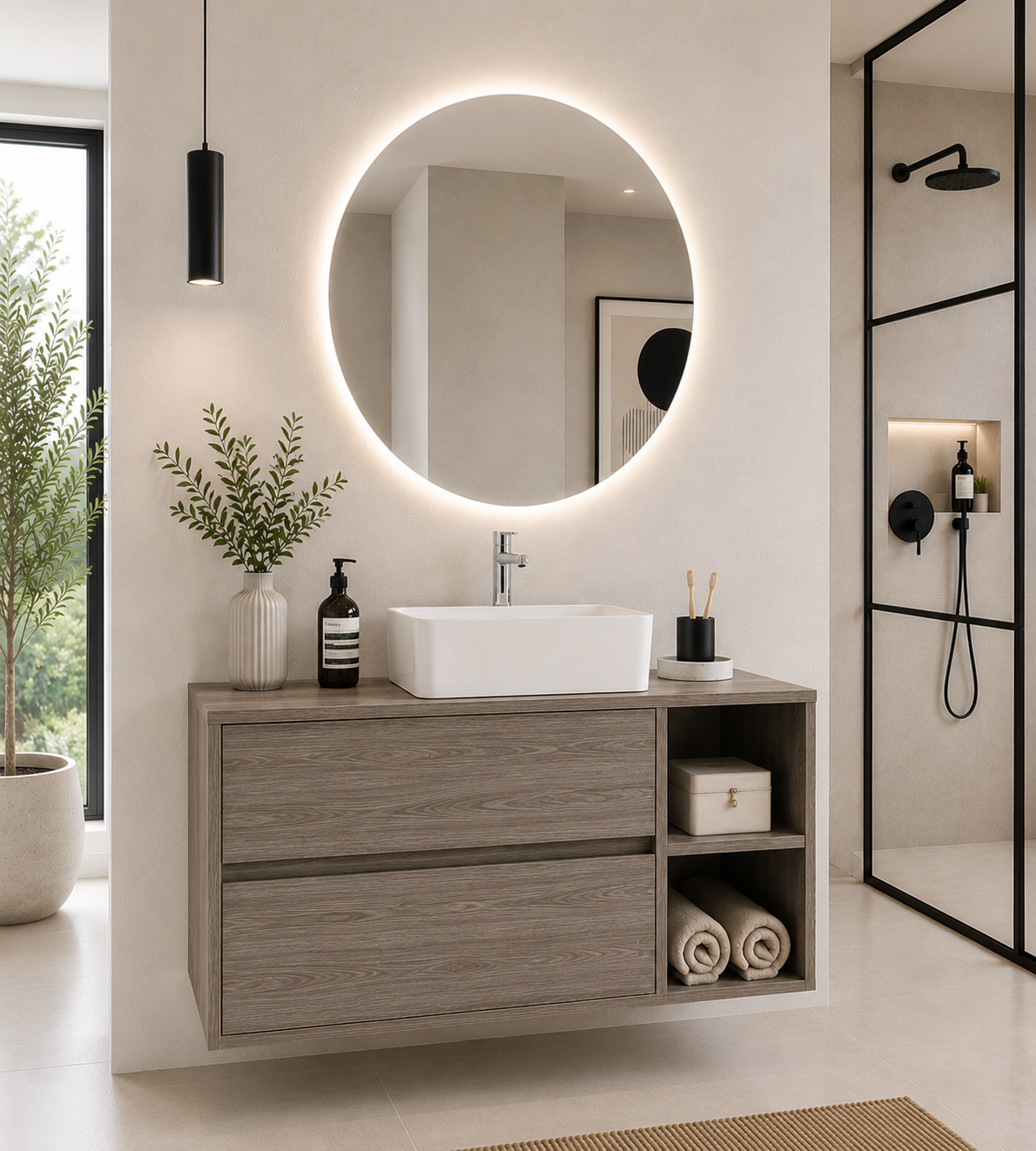 Badezimmermöbel ZEUS mit Holzarbeitsplatte und Aufsatzwaschbecken