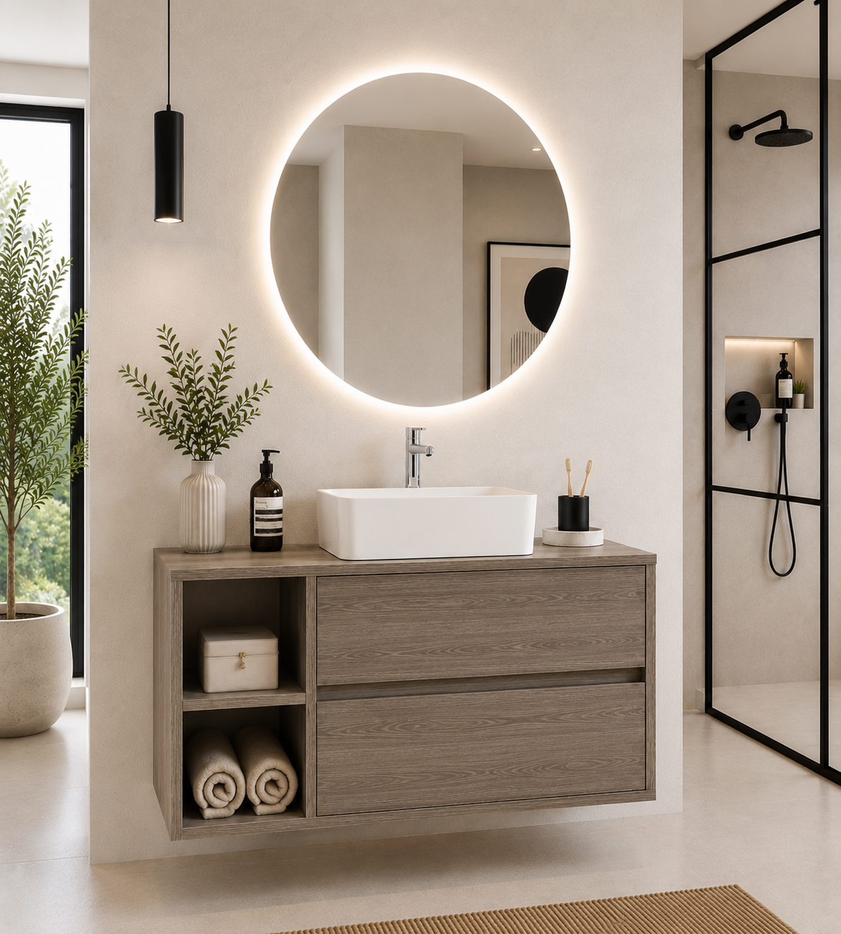 Badezimmermöbel ZEUS mit Holzarbeitsplatte und Aufsatzwaschbecken